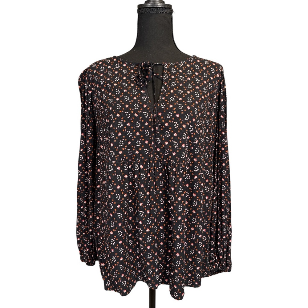 Universal Thread Women's Tunic Top Keyhole Black Floral Long Sleeve Boho Top XL